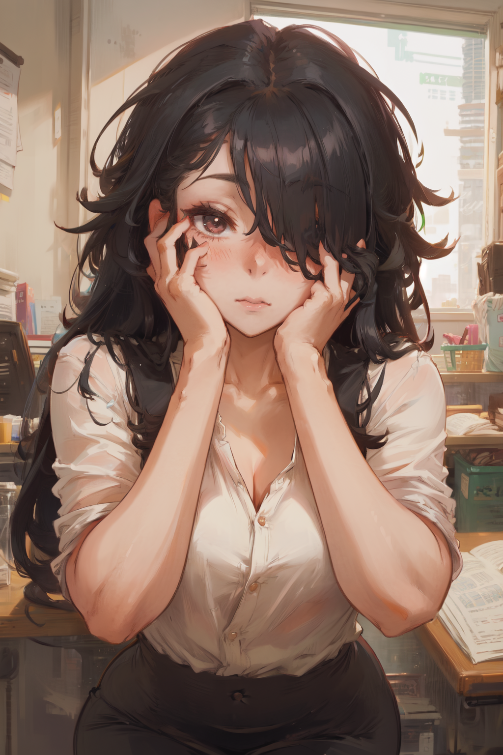 (masterpiece, best qualit)y, 1girl, office lady, black hair, long hair, hair over one eye, hands on own face, blush, shy, ...
